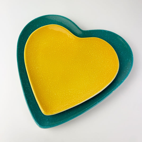 Pair of Italian heart shaped plates in teal and yellow