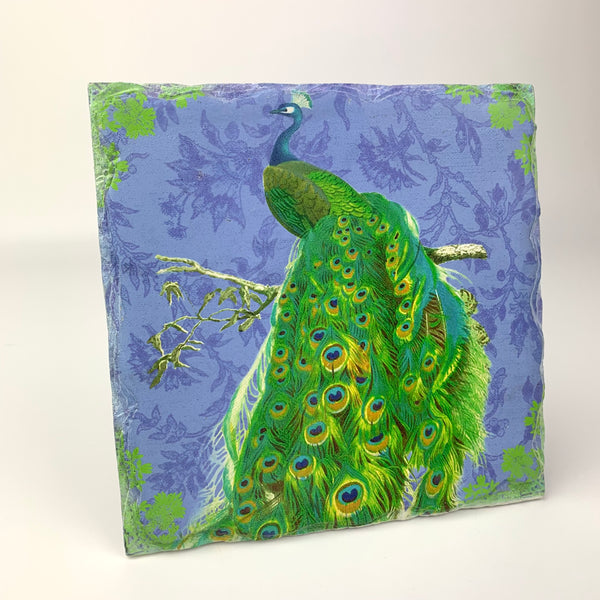 Peacock blue standing tile art for table or shelf display