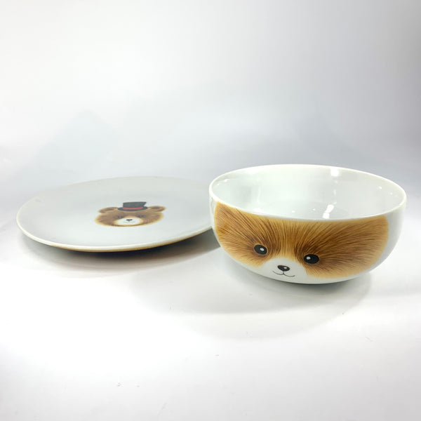 Teddy bear matching plate and bowl set made in Japan