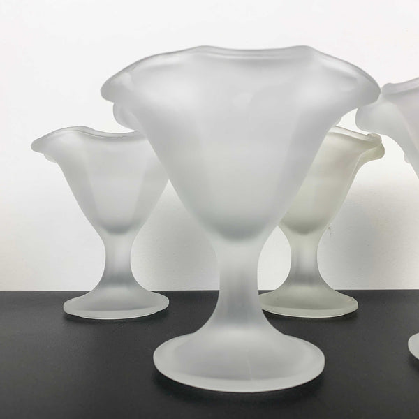 Frosted white Italian glass footed ice cream sundae bowls - Set of 5