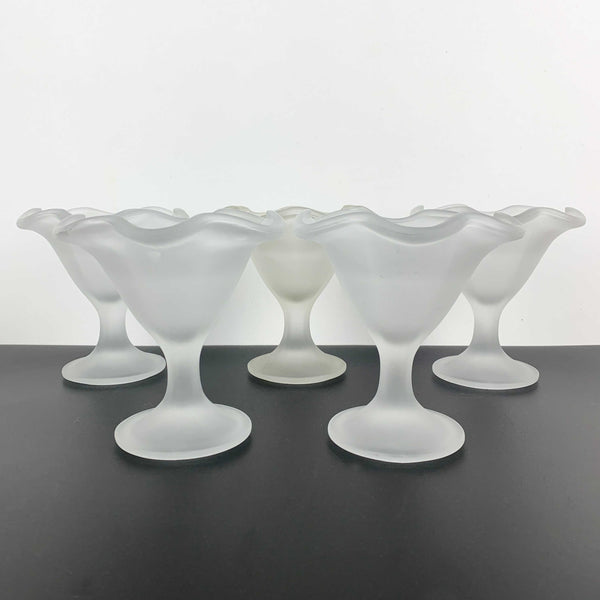 Frosted white Italian glass footed ice cream sundae bowls - Set of 5