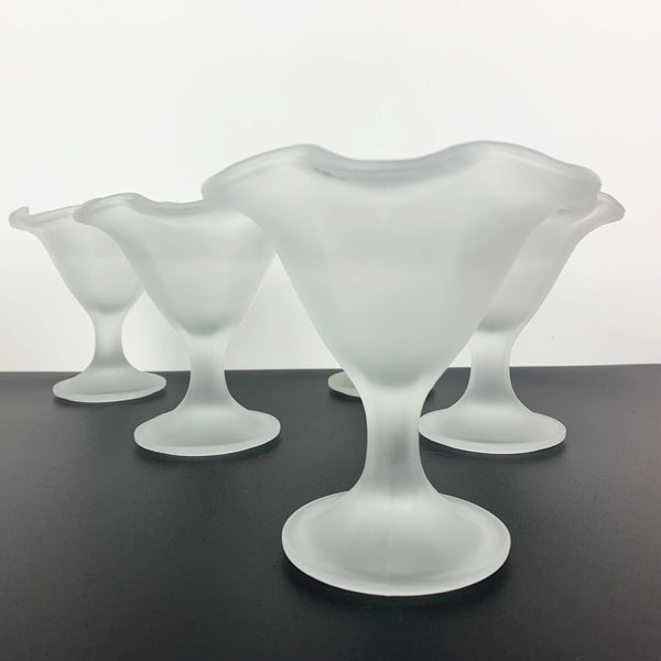 Frosted white Italian glass footed ice cream sundae bowls - Set of 5