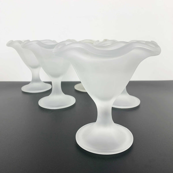 Frosted white Italian glass footed ice cream sundae bowls - Set of 5