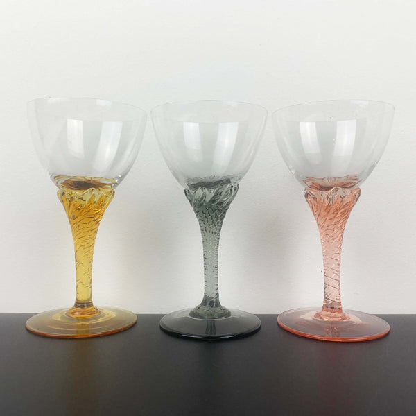 Italian crystal liqueur glass with coloured spiral stem - Set of 3