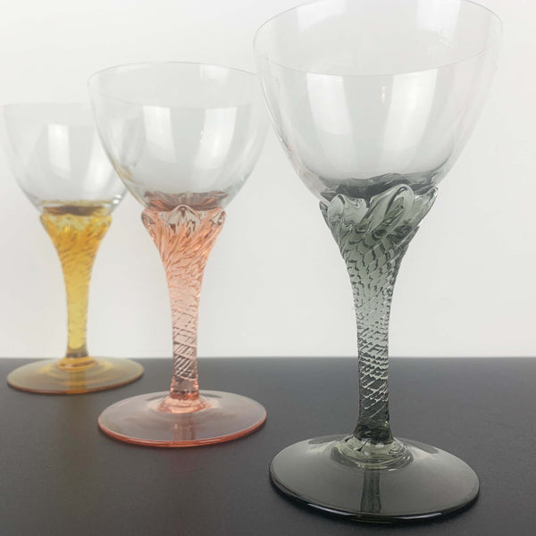 Italian crystal liqueur glass with coloured spiral stem - Set of 3