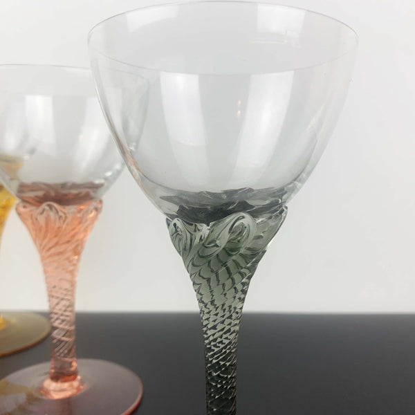 Italian crystal liqueur glass with coloured spiral stem - Set of 3