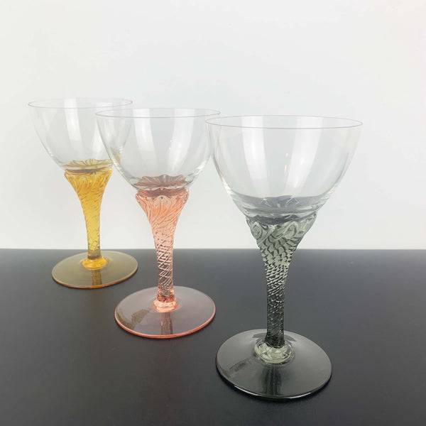 Italian crystal liqueur glass with coloured spiral stem - Set of 3