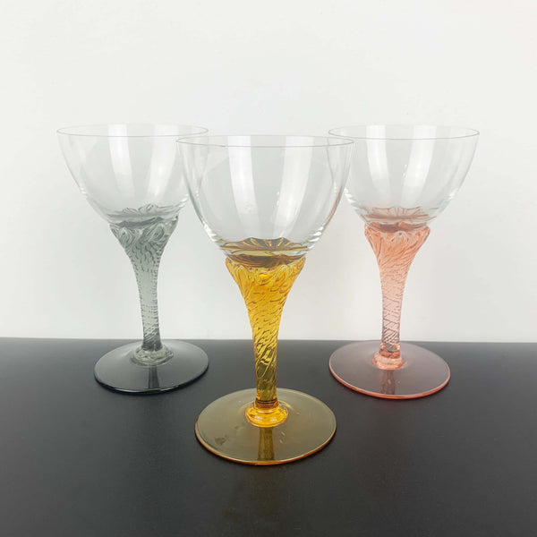 Italian crystal liqueur glass with coloured spiral stem - Set of 3