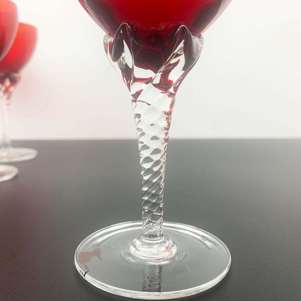 Italian crystal ruby red aperitif glass with twisted stem detail - Set of 5