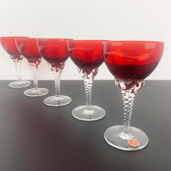 Italian crystal ruby red aperitif glass with twisted stem detail - Set of 5