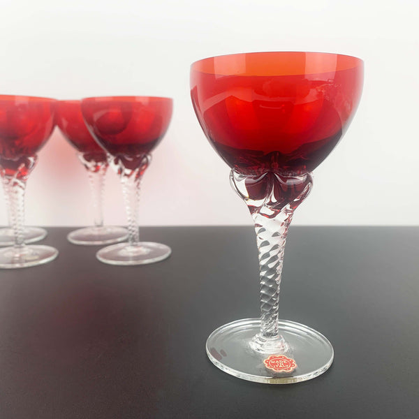 Italian crystal ruby red aperitif glass with twisted stem detail - Set of 5