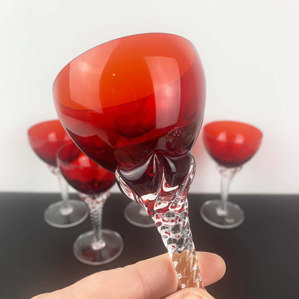 Italian crystal ruby red aperitif glass with twisted stem detail - Set of 5