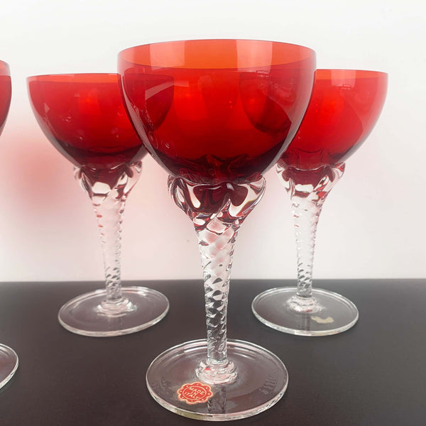 Italian crystal ruby red aperitif glass with twisted stem detail - Set of 5