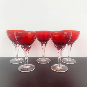 Italian crystal ruby red aperitif glass with twisted stem detail - Set of 5