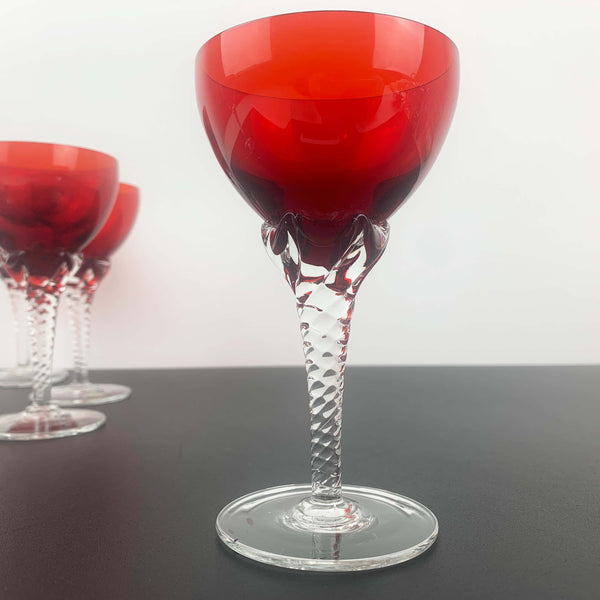 Italian crystal ruby red aperitif glass with twisted stem detail - Set of 5