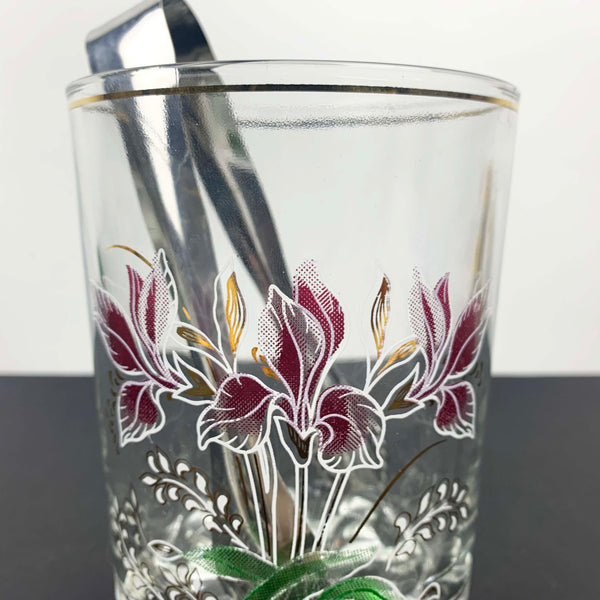 Italian Iris glass ice bucket with tongs print detail