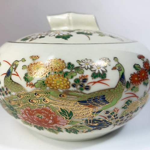 Japanese lidded trinket box with peacock art