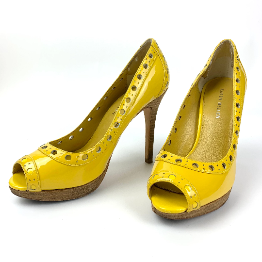 Karen Millen yellow high heel peep toe shoes