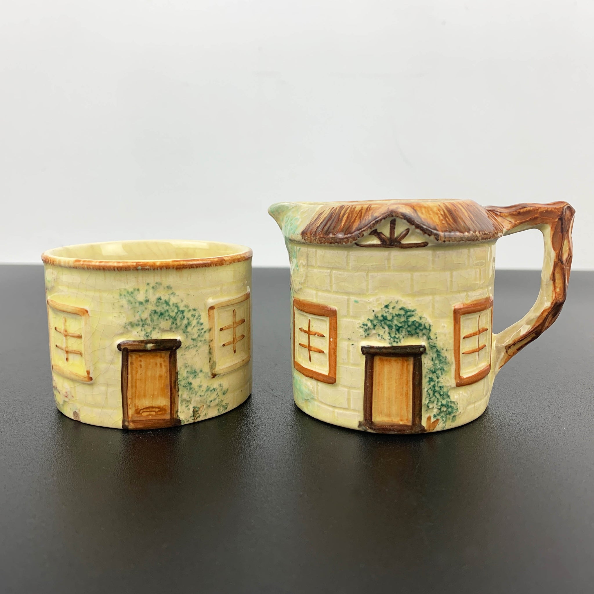 Keele St Pottery cottage sugar bowl and creamer set