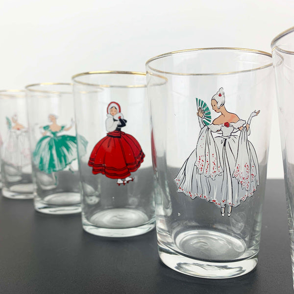 Unique mid century Victorian Lady tumblers - Set of 6