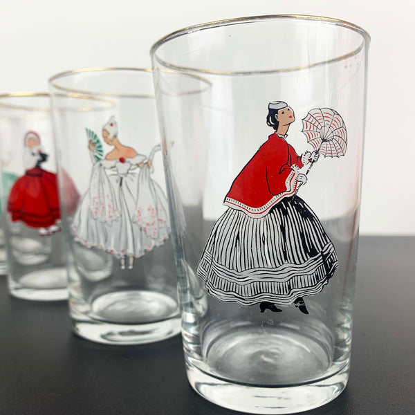 Unique mid century Victorian Lady tumblers - Set of 6