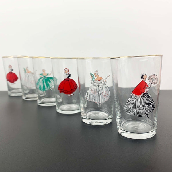 Unique mid century Victorian Lady tumblers - Set of 6