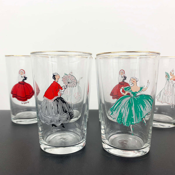 Unique mid century Victorian Lady tumblers - Set of 6