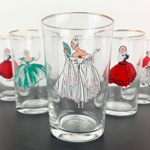 Unique mid century Victorian Lady tumblers - Set of 6