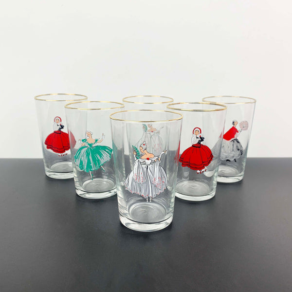 Unique mid century Victorian Lady tumblers - Set of 6