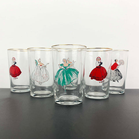 Unique mid century Victorian Lady tumblers - Set of 6