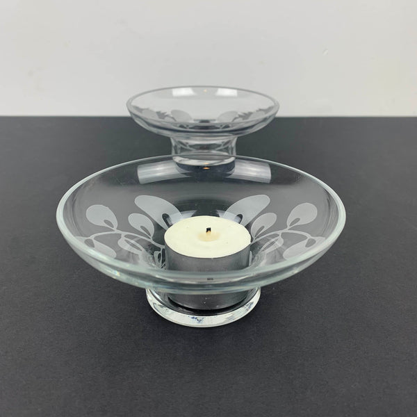 Glass tea light holders with frosted leaf detail set of 2