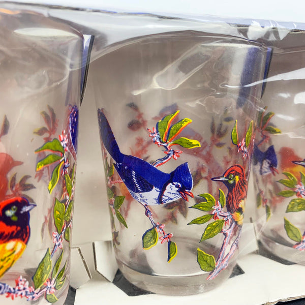 Luminarc France colourful bird glasses with Blue Jay