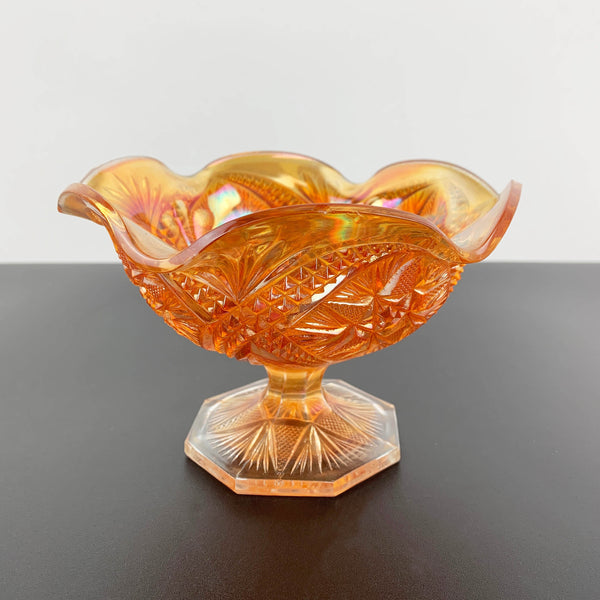 Imperial Glass marigold carnival glass ruffled compote