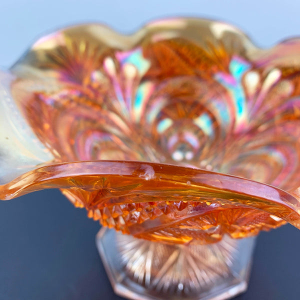 Imperial Glass marigold carnival glass ruffled compote