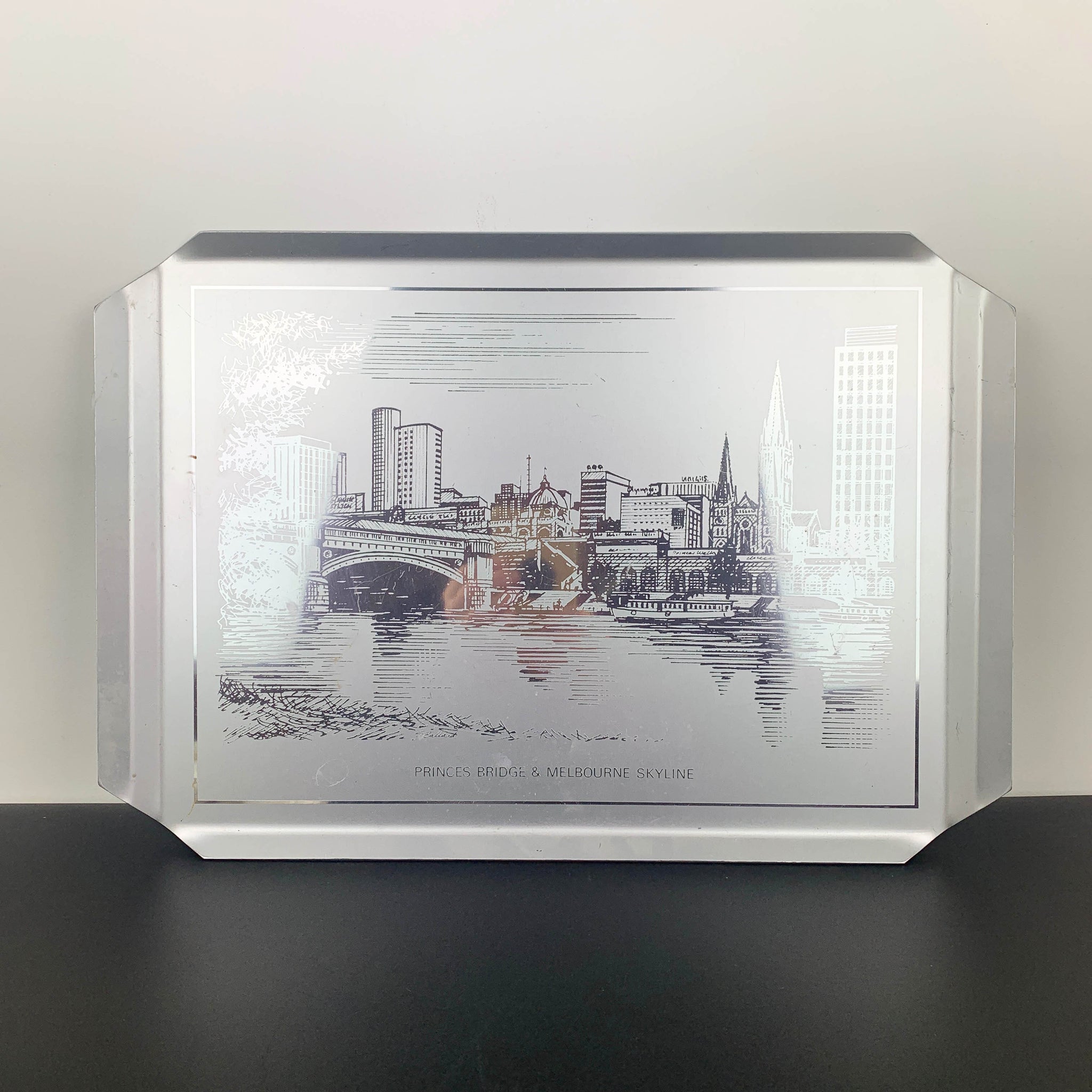 Engraved Melbourne skyline drinks tray