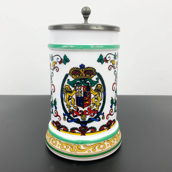 BMF Germany milk glass beer stein with lid