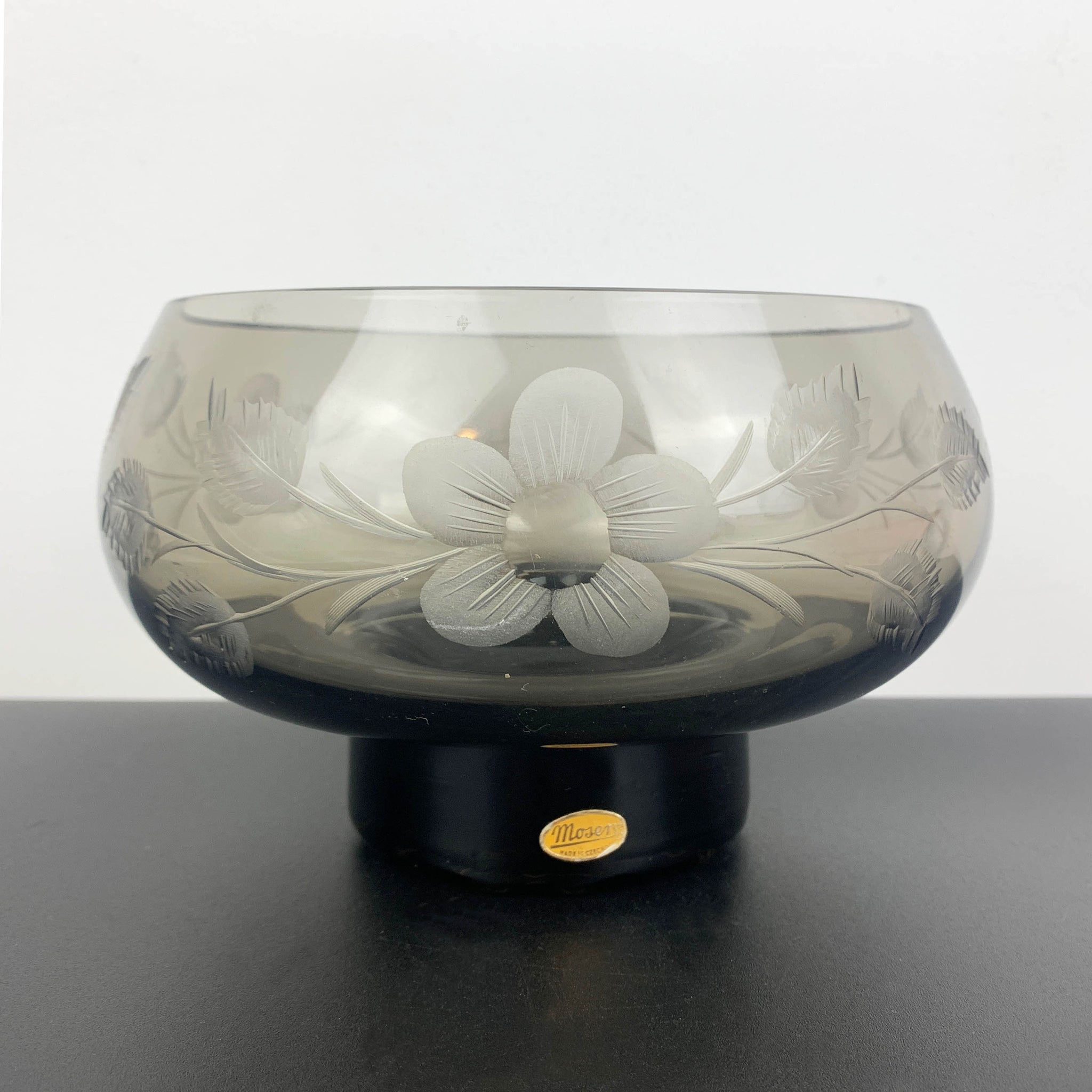 Moser mid century footed centrepiece bowl in smoke glass with etched flowers