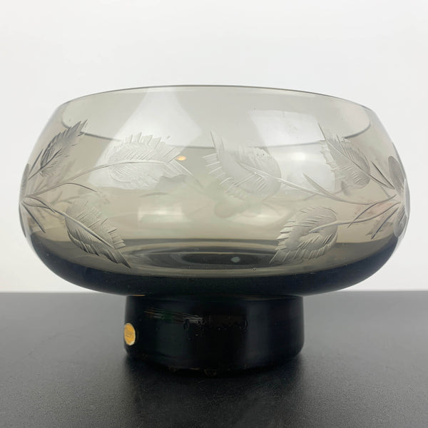 Moser mid century footed centrepiece bowl in smoke glass with etched flowers