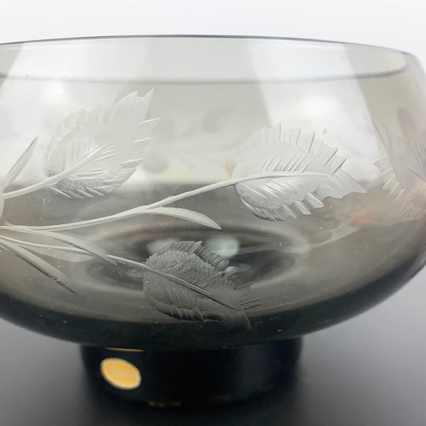 Moser mid century footed centrepiece bowl in smoke glass with etched flowers