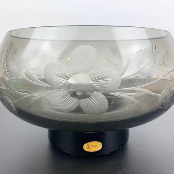 Moser mid century footed centrepiece bowl in smoke glass with etched flowers