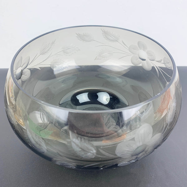 Moser mid century footed centrepiece bowl in smoke glass with etched flowers