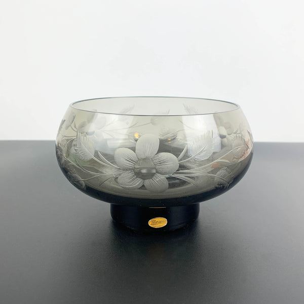 Moser mid century footed centrepiece bowl in smoke glass with etched flowers