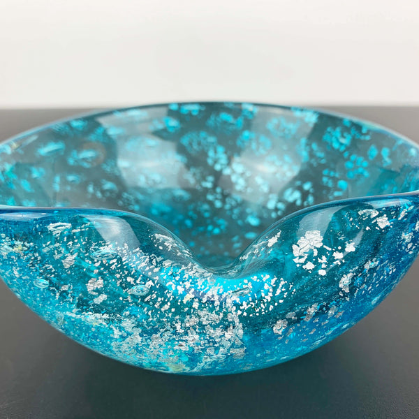 Murano art glass bowl in aqua blue and metallic silver