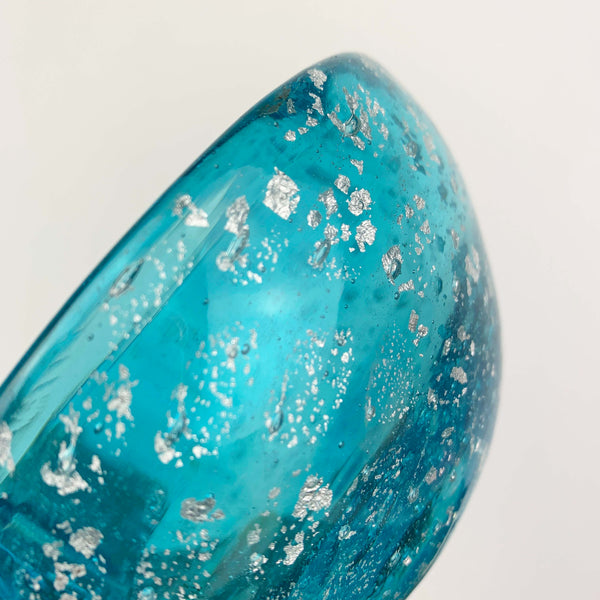 Murano art glass bowl in aqua blue and metallic silver