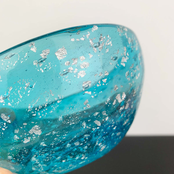 Murano art glass bowl in aqua blue and metallic silver