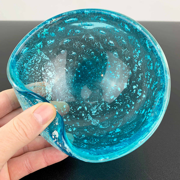 Murano art glass bowl in aqua blue and metallic silver