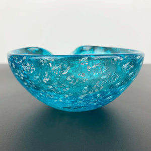 Murano art glass bowl in aqua blue and metallic silver