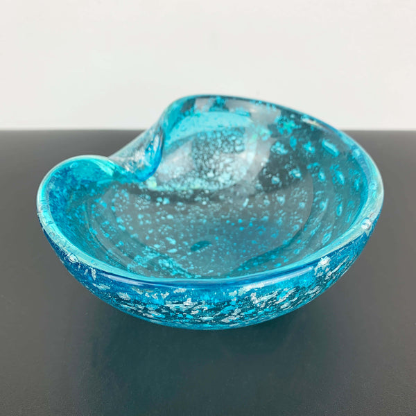 Murano art glass bowl in aqua blue and metallic silver