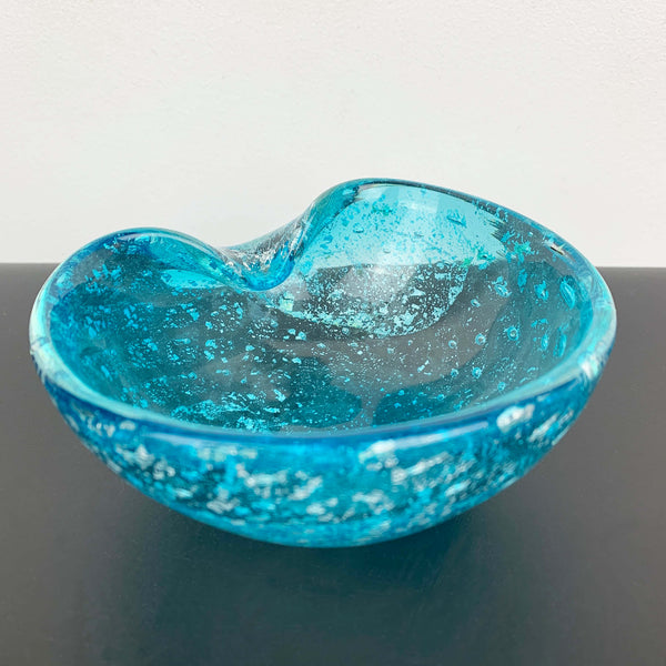 Murano art glass bowl in aqua blue and metallic silver