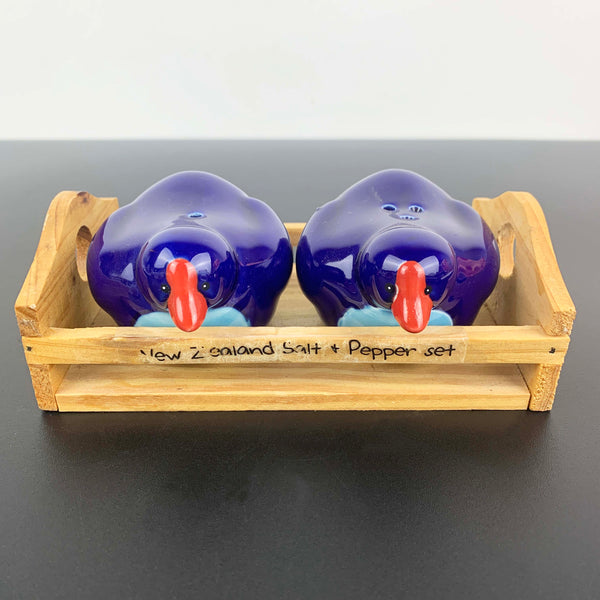 New Zealand Pukeko bird salt and pepper shakers on wooden tray